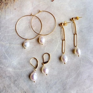 Stainless steel earrings of your choice, stud earrings or hoop earrings and freshwater pearls