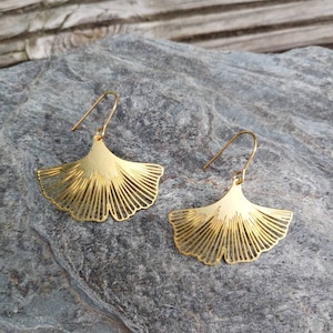 Stainless steel hook earrings and gingko biloba leaves in raw gold or silver brass