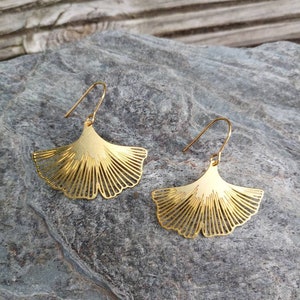 Stainless steel hook earrings and gingko biloba leaves in raw gold or silver brass