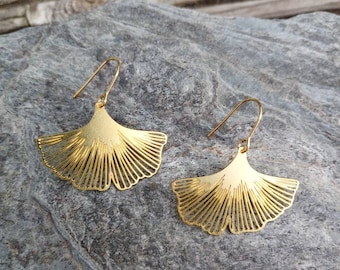 Stainless steel hook earrings and gingko biloba leaves in raw gold or silver brass