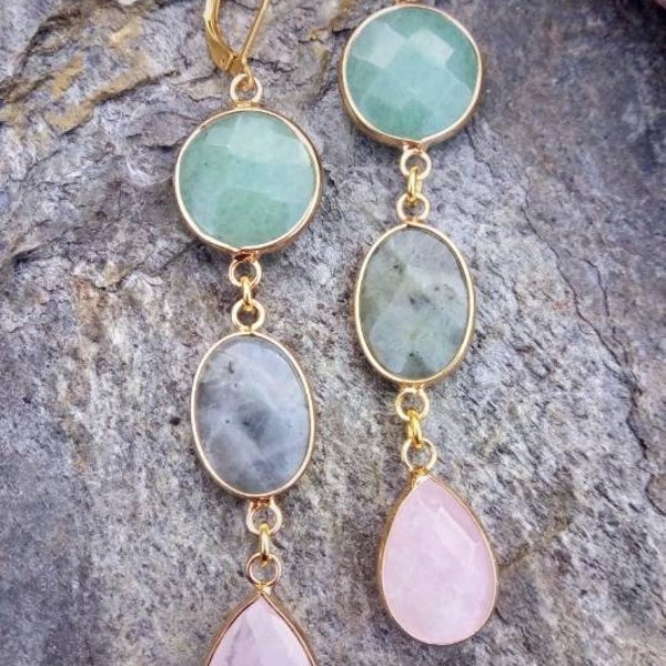 Dormeuses en acier inoxydable et pierres semi précieuses aventurine, labradorite et quartz rose