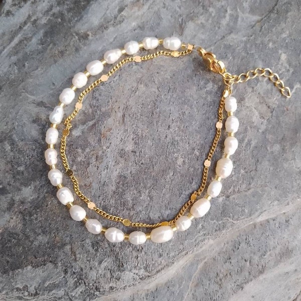 Bracelet double en acier inoxydable perles d'eau douce et perles miyuki or