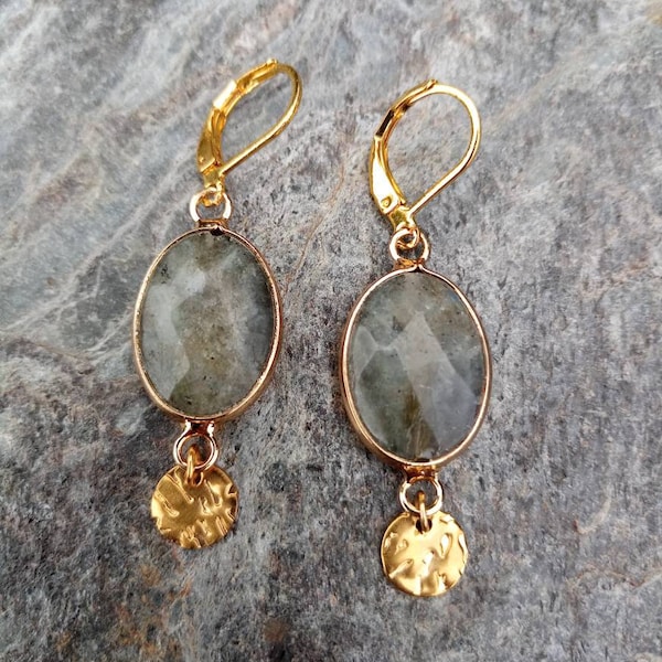 Stainless steel stud earrings, faceted semi-precious labradorite stones set in brass and stainless steel medallions