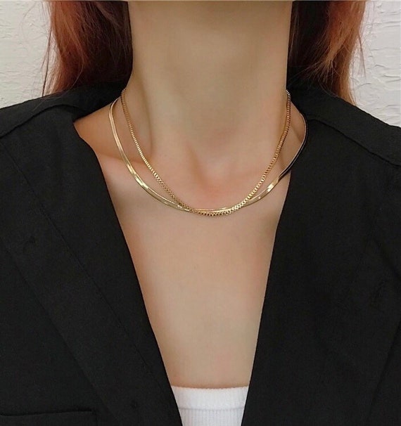 Women's Gold Flat Snake Chain Layered Necklace