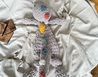 Large Snuggler Crochet Handmade Grey Dino for babies, kids and children