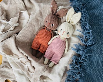 Handmade Crochet Bunny – Amigurumi Cotton Toy with Overalls