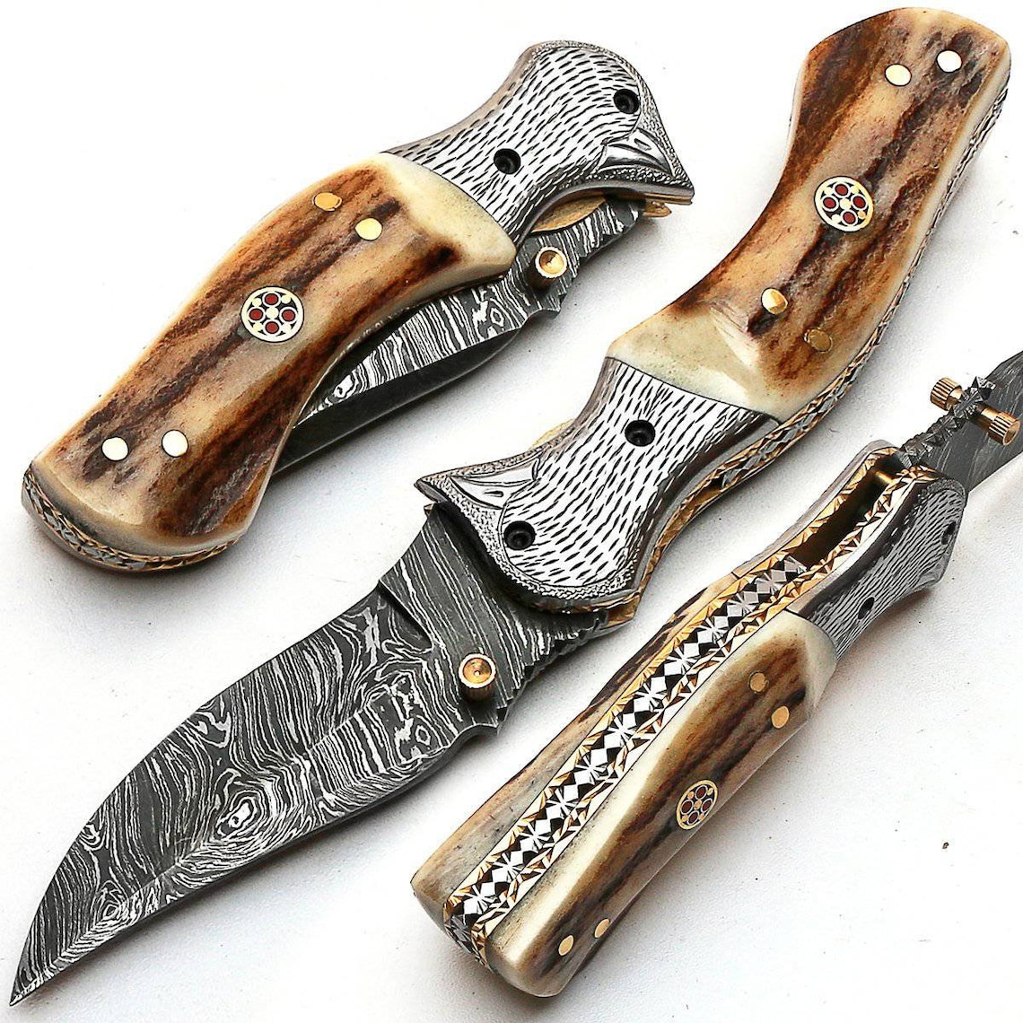 Hand made Damascus pocket edc knife with stag antlerknives Etsy