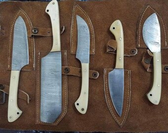 Custom hand made full tang Damascus steel shef knifes set