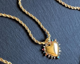 18K Gold • Green Heart Necklace • Rope Chain •  Zirconia Heart Pendant in Gold • Multi Layered Gold Necklace • Hypoallergenic