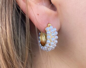 Gold Pearl Hoop Earrings | White Pearl Hoops | 18K Gold Plated Brass Earrings | Classic Elegant Jewelry