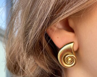 18K Gold Spiral Shell Earrings, Brass Studs, Conch Design