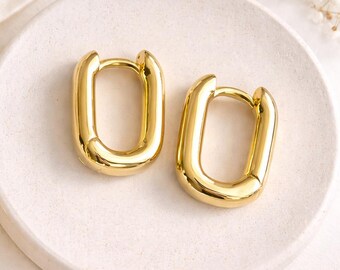 Gold Oval Hoop Earrings, 18K Gold Plated Brass Huggie Earrings, Small Minimalist Hoops, Hypoallergenic Jewelry for Women