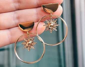 18K Gold Filled Sun Dangle Earrings • Statement Earring • Drop Hoops • Gift for Her • Gold Sky Crystal Earrings