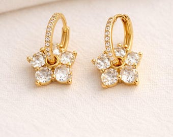 18K Gold Filled Gold Hoop Earrings with Clear CZ Flower Charm , 24mm Dangle Hoops, Elegant Gift for Women