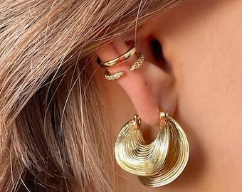18K Gold Plated Hoop Earrings – Textured Statement Hoops • Trendy Design