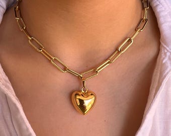 18k Gold-Filled • Elegant Heart Pendant Chain  Elegant Large Staple Chain • Solid Link Necklace • Anti-tarnish • hypoallergenic18K