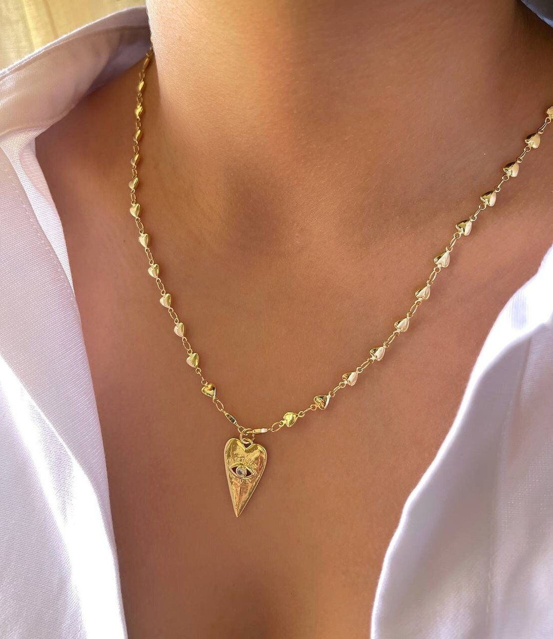 18K Gold Elongated Heart Necklace Heart Necklace Elongated Heart