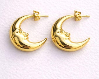 Moon Stud Earrings • 18K Gold Plated Brass • Crescent Shape • Hypoallergenic • 25.5x7.7mm • Gift for Her