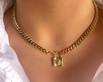 18K Gold Plated Cuban Link Chain Necklace • Brass Lock Pendant with Saint Motif • Nickel-Free • Durable & Stylish Design for Women