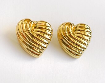 18k Gold • Gold Heart Stud Earrings | 18K Gold Plated Statement Earrings | Large Textured Heart Studs | Bold Vintage Style Jewelry