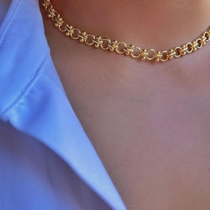 Puede incluir: Un collar dorado con un diseño de cadena delicado. El collar presenta una serie de pequeños eslabones circulares conectados por elementos decorativos. El collar se usa sobre una camisa azul claro.