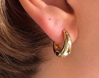 18k Gold • Celestial Chubby Hoops • Hoop Earrings with Cubic Zirconia • Star Huggie Hoop • Trendy Design