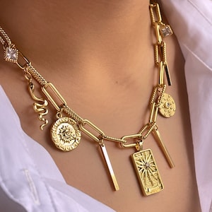 Relleno de oro de 18 quilates • Elegante cadena con clip grande y dije, cadena gruesa de oro • Colgante con carta del Tarot del Sol • Resistente al deslustre • Hipoalergénico