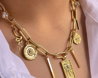 18K Gold Filled • Elegant Large Charm Clip Chain Thick Gold Chain • Suns Tarot Card Pendant • Tarnish Resistant • Hypoallergenic