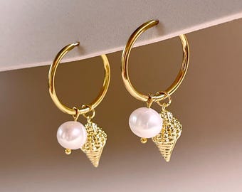 Mermaidcore Pearl & Shell Hoop Earrings • 18K Gold Plated Huggies • Coastal Charm Jewelry • Ocean-Inspired Summer Trend • Gift for Her
