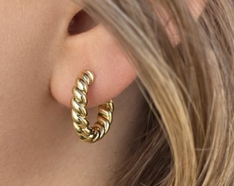 Twisted Huggie Hoop Earrings – 18K Gold Plated Brass • Trendy Design