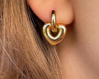 18K Gold Filled Heart Dangle Earrings • Gold Heart Hoop Earrings, 18K Gold Plated Brass, 18 mm