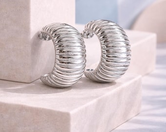 Sculptural C-Shaped Stud Earrings – Platinum Plated Brass • Hypoallergenic  • Gift for Her