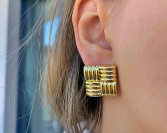 18k Gold • Gold Square Stud Earrings – 18K Gold Plated Brass, Textured Statement Earrings, Bold Geometric Studs, 22.5 mm