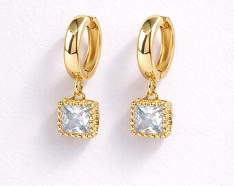 18K Gold • Mini Puffy Hoop Earrings • Cubic Zirconia Dangle Hoop Earrings • Hugging Earrings • Fashion Design • Minimalist Earrings
