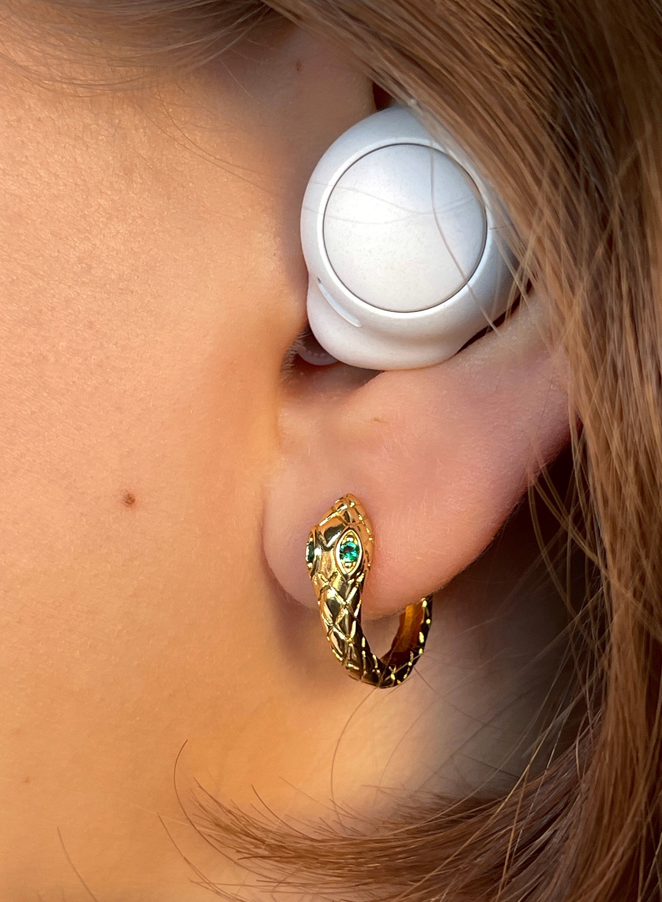 Boucles D'oreilles Créoles Plaqué Or 18 Carats - Modèle Serpent Avec Yeux Zircon, Neuves