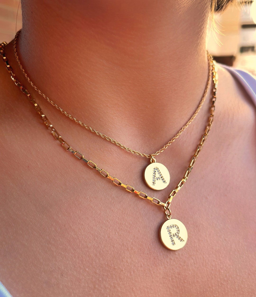 Layered Gold Initial Necklace For Women - Adjustable 14K Gold Plated Letter Choker