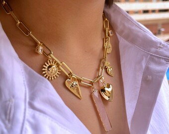 18K Gold Filled • Elegant Large Charm Clip Chain Thick Gold Chain • Heart Pendant • Tarnish Resistant • Hypoallergenic