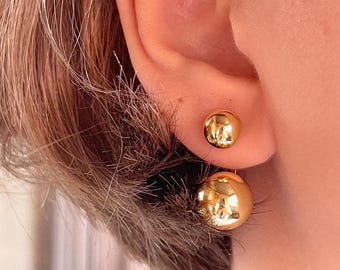18K Gold or Platinum Plated • Statement Double Ball Stud Earrings •  Front Back Earrings • 23.5x11.5mm •  Lightweight Brass • Gift for Her