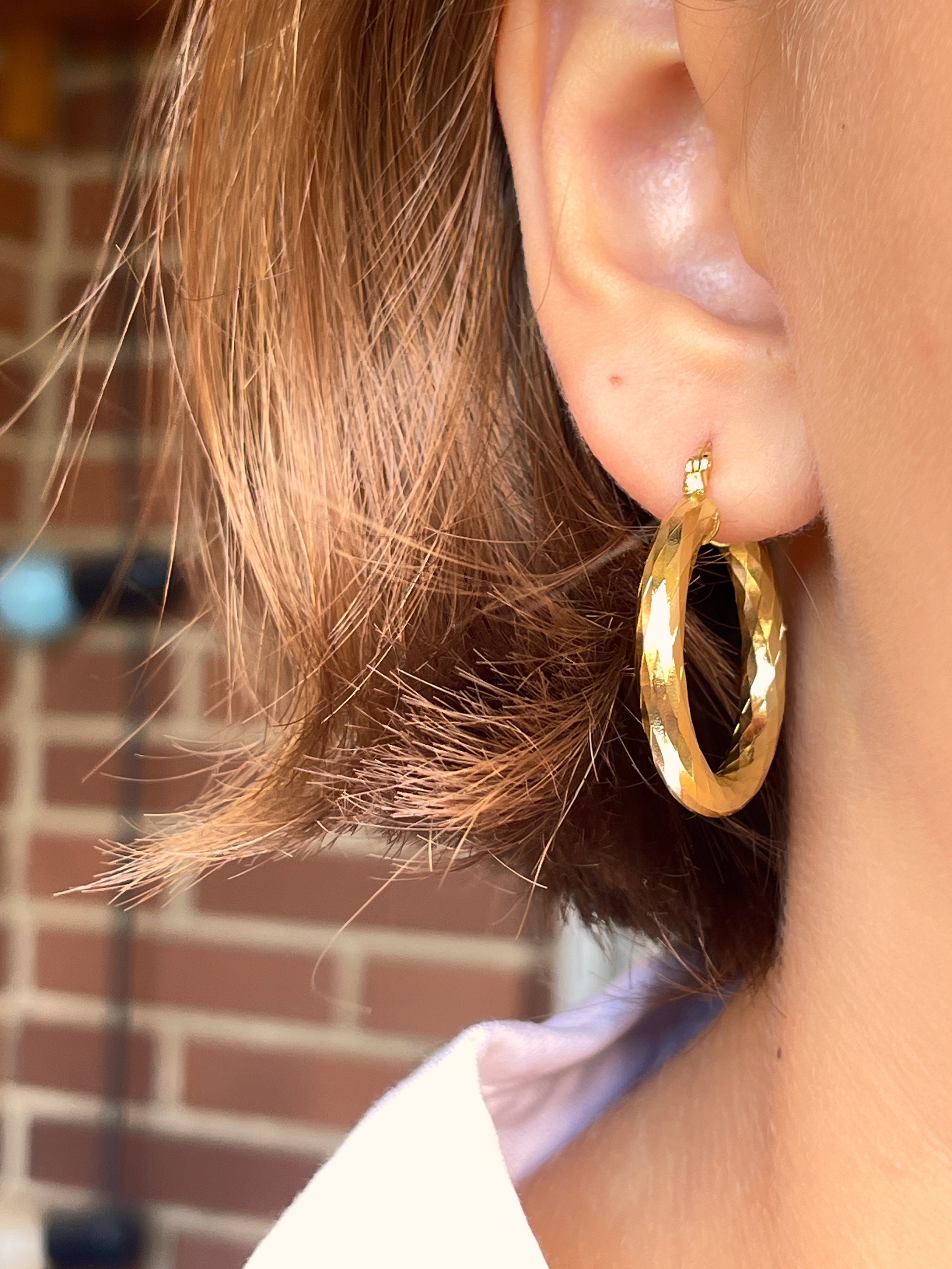 18k Gold • Chic Thick Hoop Earrings • Textured Design