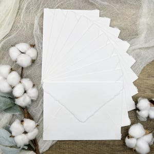 10 White Handmade Cotton Deckle Edge Envelopes | Cotton Rag Paper | Torn Edge Stationery for Invitations, Announcements, Wedding, RSVP