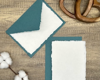 Teal Stationery Set of 10 - Handmade Cotton Paper & Envelopes, Deckled Edge, Calligraphy, Thank You Cards, RSVP, 5x7, A6, Letter Writing