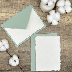 Juego de papelería verde salvia claro, 20 piezas: papel y sobres de algodón hechos a mano, borde desbarbado, caligrafía, tarjetas de agradecimiento, RSVP, escritura de cartas