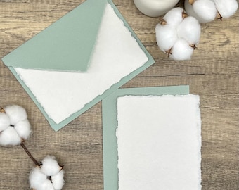 Light Sage Green Stationery Set of 10 - Handmade Cotton Paper & Envelopes, Deckled Edge, Calligraphy, RSVP, 5x7, A6, Letter Writing