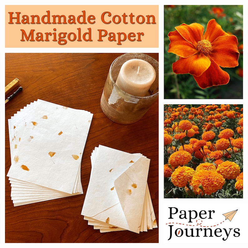 Handmade Stationery Floral Paper Cotton Paper Flower Paper Weddings, Handmade Paper and Envelopes Handmade Envelopes Marigold Paper