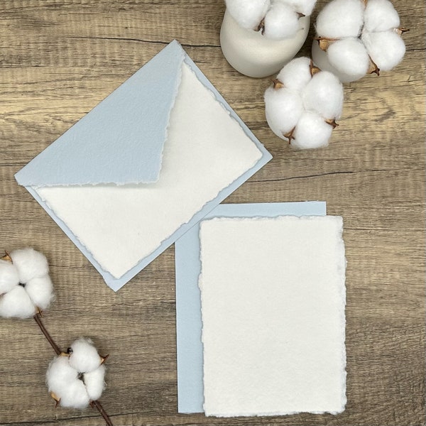 Baby Blue Wedding Invitation Set 20pcs - Handmade Cotton Paper & Envelopes, Deckle Edge, RSVP Cards, Save the Dates