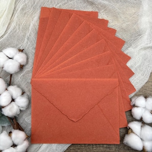 10 Terra Cotta Handmade Cotton Deckle Edge Envelopes | Cotton Rag Paper | Torn Edge Stationery for Invitations, Announcements, Wedding, RSVP