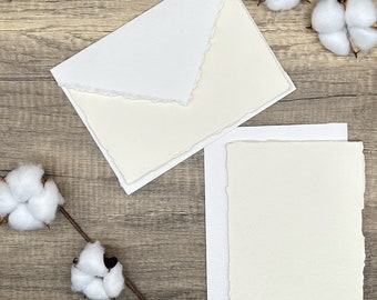 White Stationery Set of 10 - Handmade Cotton Paper & Envelopes, Deckled Edge, Calligraphy, Thank You Cards, RSVP, 5x7, A6, Letter Writing