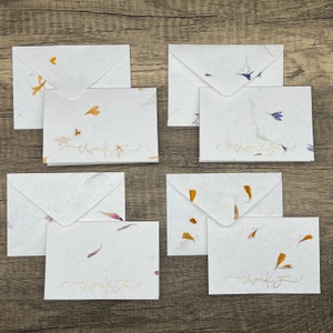12 Piece Handmade  Flower Petal Cotton Paper Thank You Card Set - Gold Embossed, RSVP Size, Variety Pack