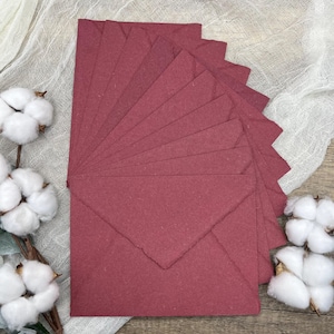 10 Wine Red Handmade Cotton Deckle Edge Envelopes | Cotton Rag Paper | Torn Edge Stationery for Invitations, Announcements, Wedding, RSVP