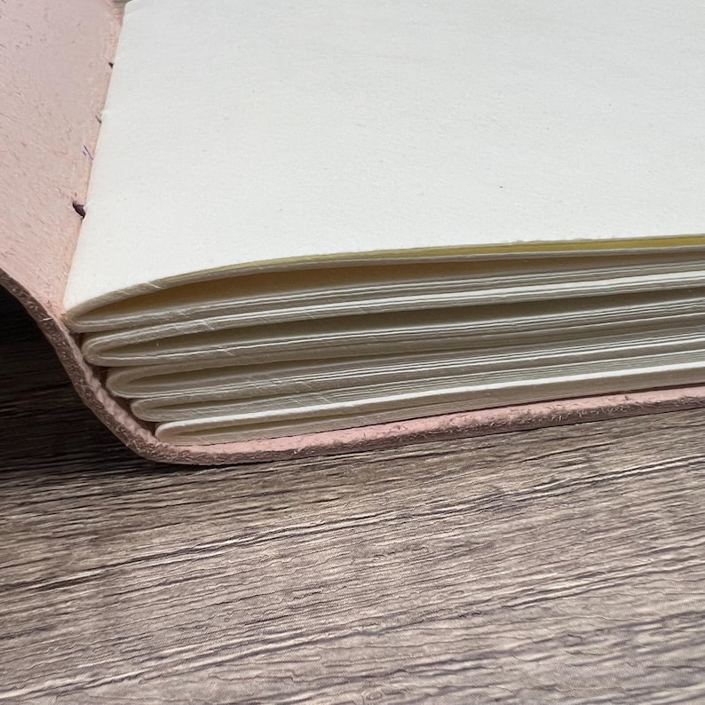 May include: Close-up of a pink leather-bound journal with blank pages. The journal is open and the pages are fanned out, revealing the cream-colored paper.
